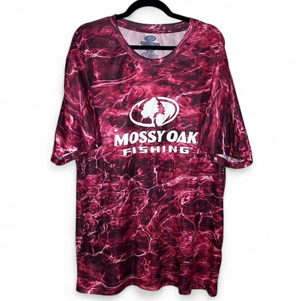 Mossy Oak Fishing Shirt 2XL Red Water Print Polyester Tee Outdoor